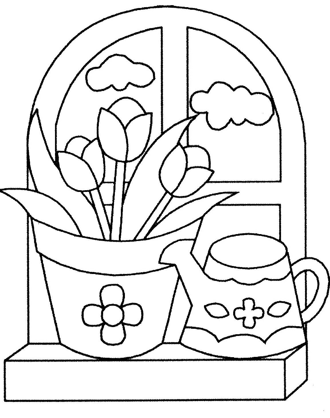 coloriage pot de fleurs devant la fenetre